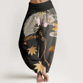 Buddha Stones Cotton Casual Folding Fan Flowers Maple Leaves Cloud Pattern Women's Elastic Waist Harem Pants