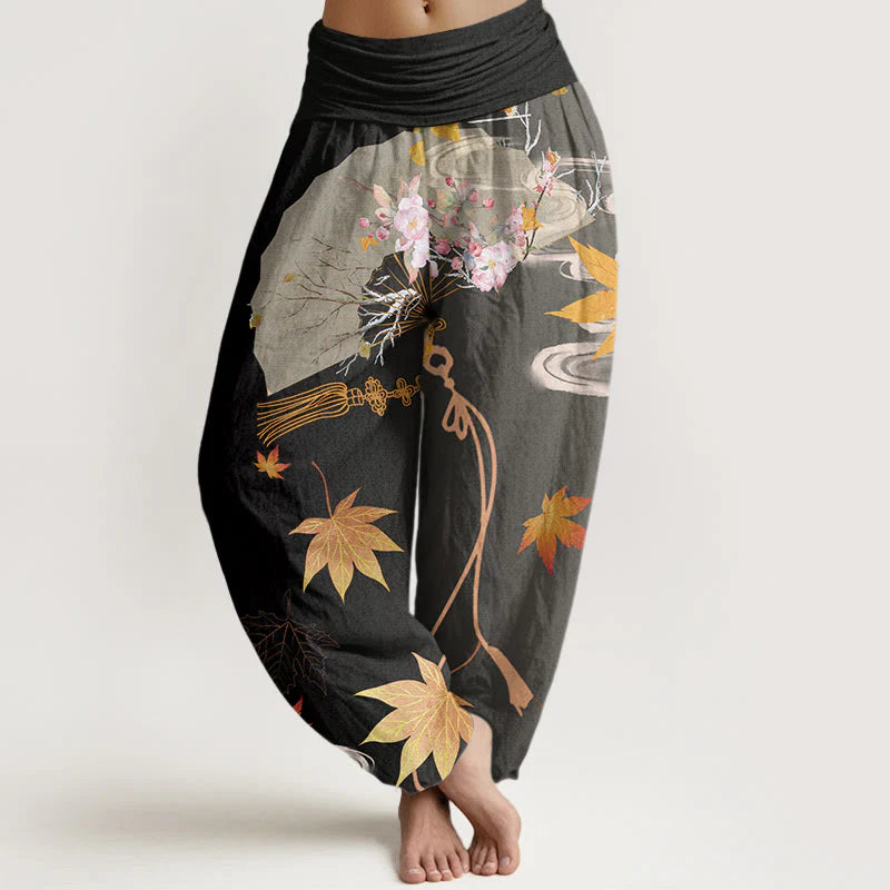 Buddha Stones Cotton Casual Folding Fan Flowers Maple Leaves Cloud Pattern Women's Elastic Waist Harem Pants