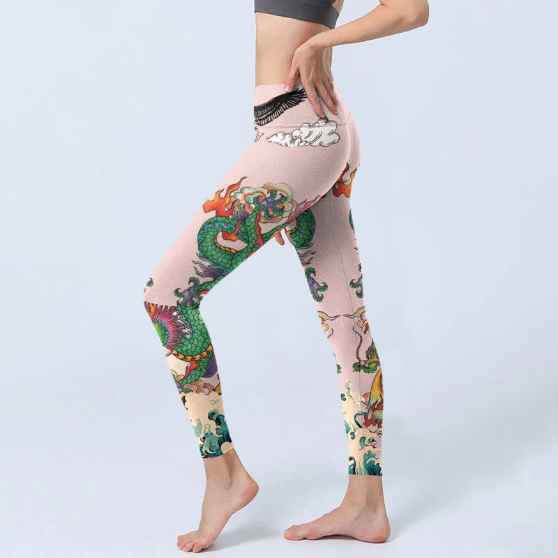 Buddha Stones Dragon Rose Eagle Waves Auspicious Clouds Pattern Gym Leggings Women's Yoga Pants