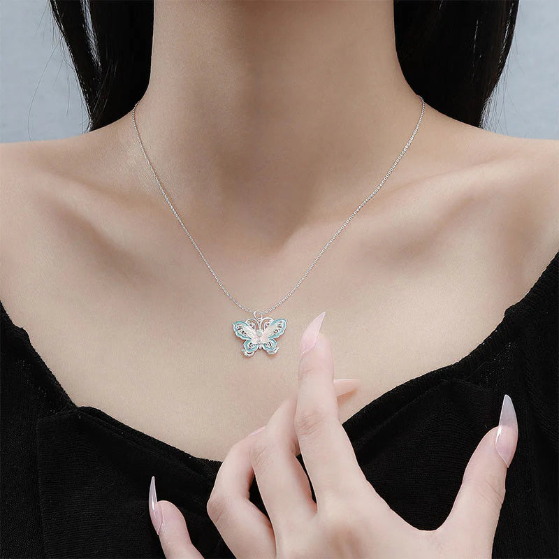 Buddha Stones 999 Sterling Silver Butterfly Blue Enamel Protection Necklace Pendant