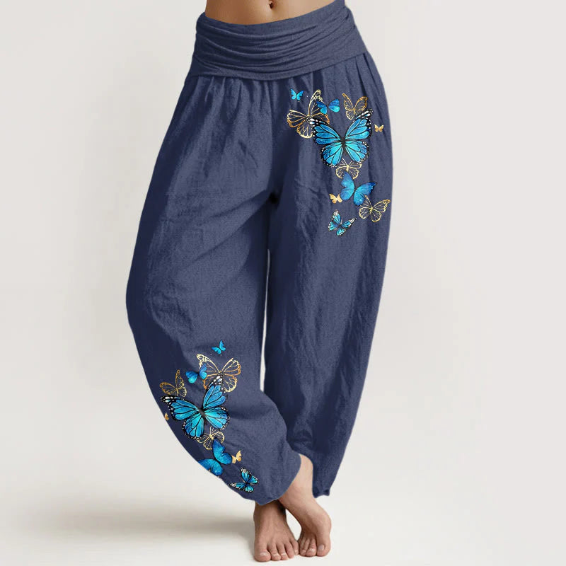 Buddha Stones Cotton Butterfly Pattern Women's Elastic Waist Harem Pants