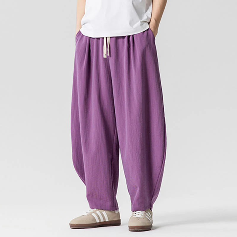 Buddha Stones Summer Pure Color Drawstring Men's Cotton Ankle-Length Pants With Pockets
