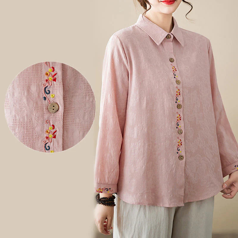 Buddha Stones Spring Plain Embroidered Flower Pattern Button Women's Long Sleeve Cotton Lapel Shirt