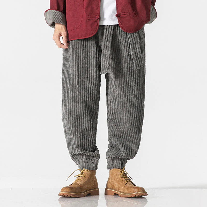 Buddha Stones Winter Solid Color Men's Ankle-Length Corduroy Pants With Pockets