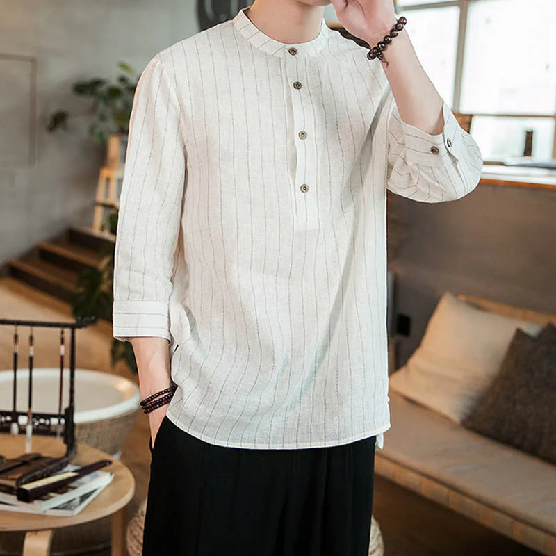 Buddha Stones Plaid Half Buttons Stand Collar Three Quarter Sleeve Cotton Men's Shirt