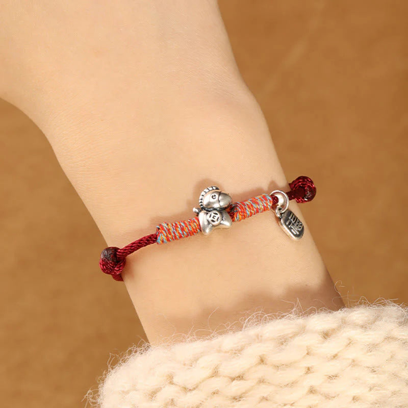 Buddha Stones 999 Sterling Silver Year Of The Horse Fu Character Charm String Braided Luck Bracelet