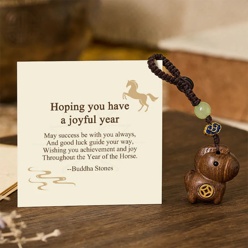 Buddha Stones Hoping You Have a Joyful Year Year of the Horse Rainbow Eucalyptus Small Leaf Red Sandalwood Key Chain Includes Gift Message Card
