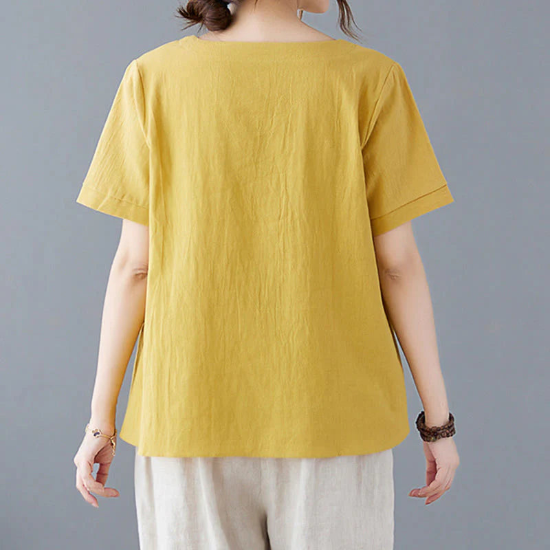 Buddha Stones Side Slit Design Women's Cotton Linen Crew Neck Short Sleeve T-Shirt Wtih Pocket