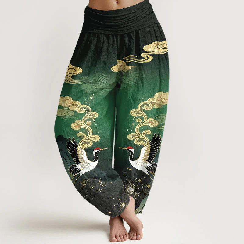 Buddha Stones Pure Cotton Colorful Crane Cloud Mountain Pattern Women's Elastic Waist Harem Pants