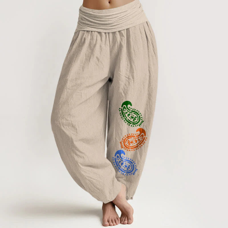 Buddha Stones Pure Cotton Colorful Paisley High Waist Women's Harem Pants