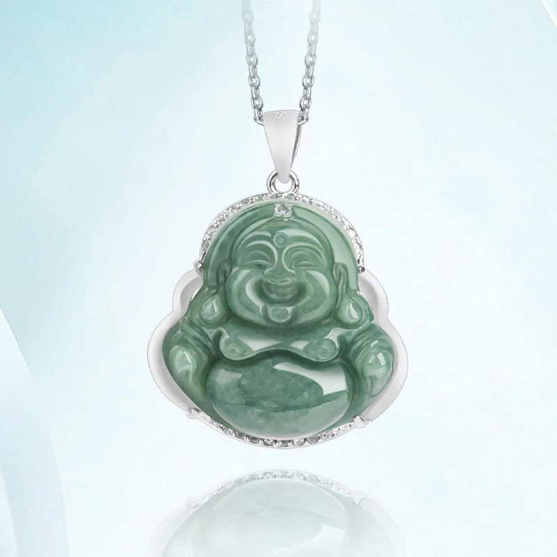 Buddha Stones Laughing Buddha Jade Abundance Necklace Titanium Steel Chain Pendant