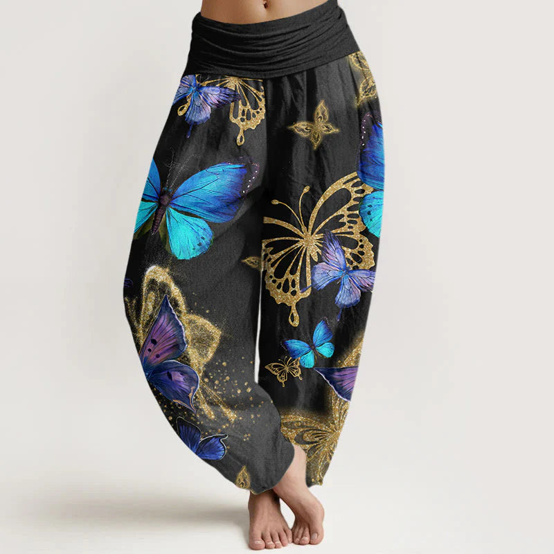 Buddha Stones Cotton Casual Butterfly Gold Pattern Women's Elastic Waist Harem Pants