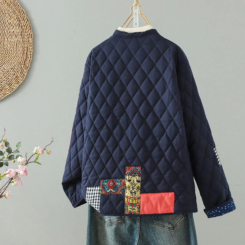 Buddha Stones Ethnic Frog-button Patchwork Women's Thickened Cotton Long Sleeve Jacket With Pockets