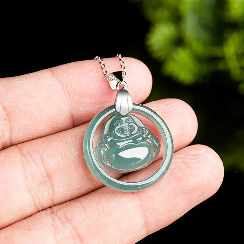 Buddha Stones Natural Jade Round Laughing Buddha Abundance Titanium Steel Chain Necklace Pendant