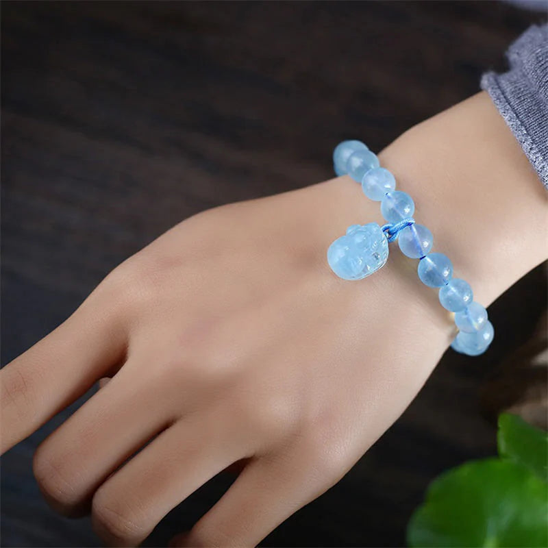 Buddha Stones Natural Aquamarine Amber Pixiu Peace Healing Charm Bracelet