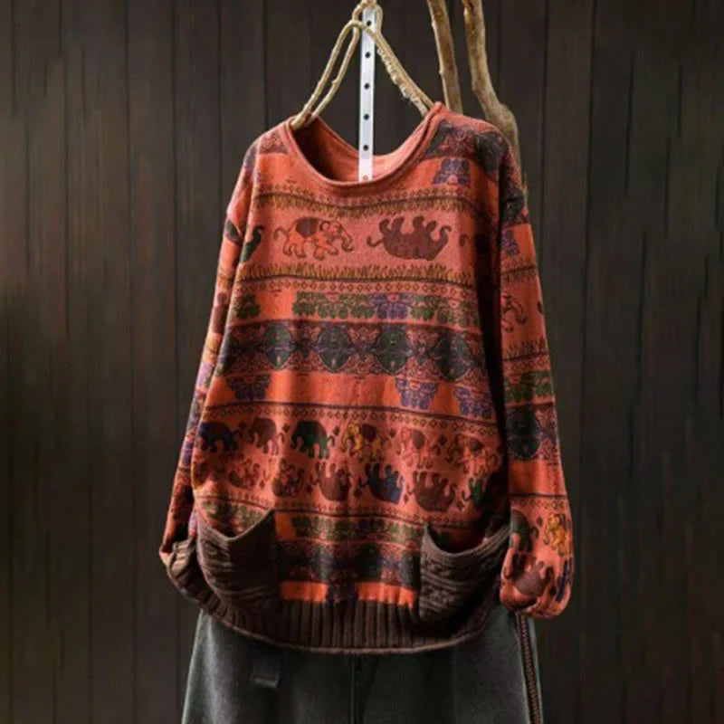 Buddha Stones Fall Elephant Pattern Knitted Cotton Women's Long Sleeve Sweater With Pockets