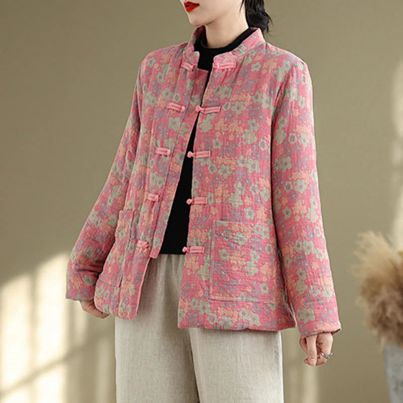 Buddha Stones Women's Winter Thicken Cotton Floral Pattern Long Sleeve Jacket With Pockets