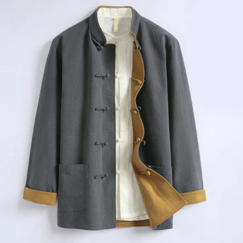 Buddha Stones Spring Chinese Reversible Men's Frog-Button Cotton Long Sleeve Jacket