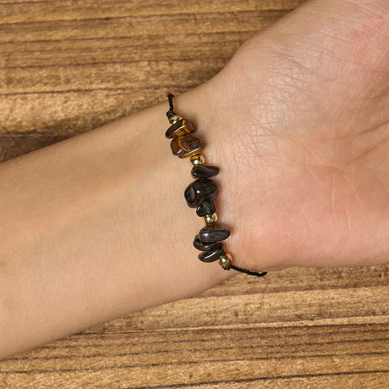 Buddha Stones Tiger Eye Black Tourmaline Pyrite Protection Card Rope Bracelet