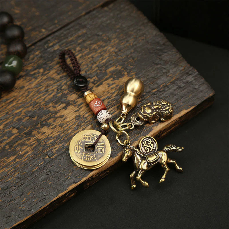 Buddha Stones Year Of The Horse Copper Brass Five-emperor Coins Pixiu Ward Off Evil Spirits Key Chain