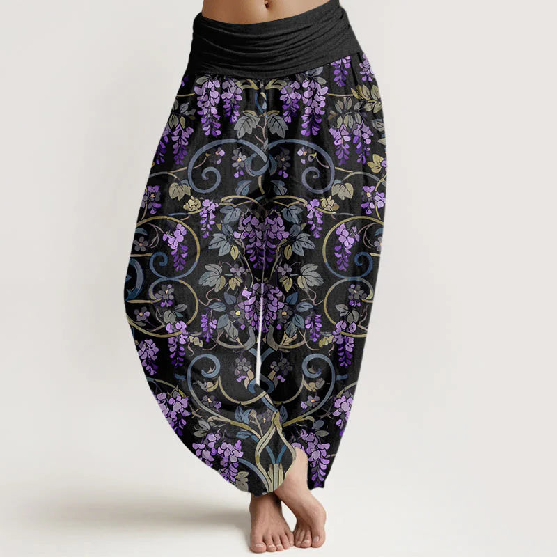 Buddha Stones Pure Cotton Retro Gorgeous Wisteria Women's Elastic Waist Harem Pants