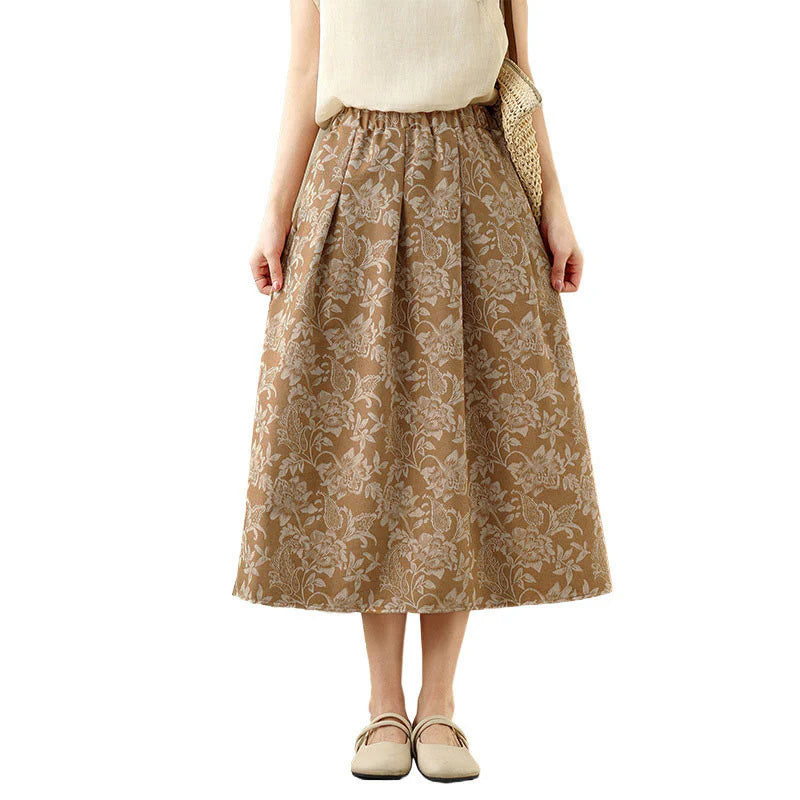Buddha Stones Printing Flower Paisley Pattern A-line Elastic Waist Cotton Women's Skirt With Pockets