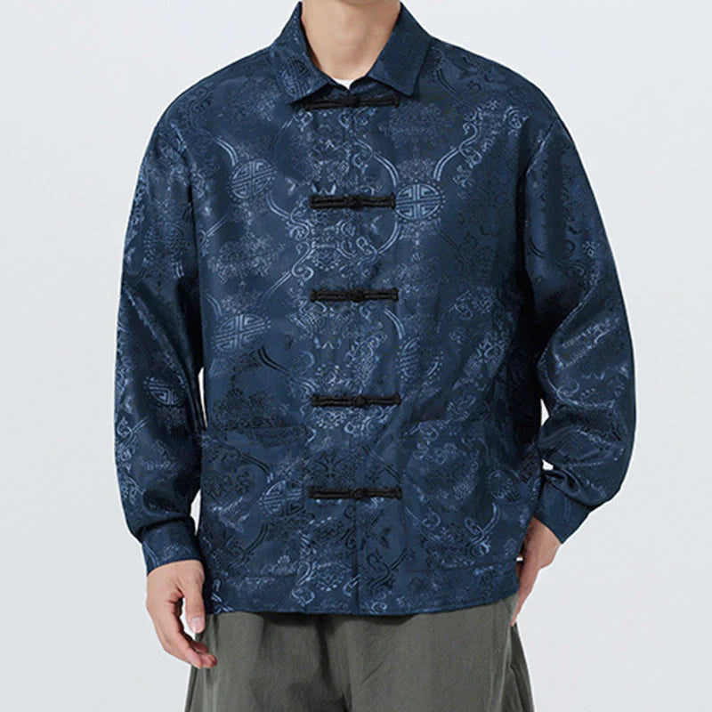 Buddha Stones Spring Jacquard Lapel Long Sleeve Men's Tang Suit Frog-Button Jacket With Pockets