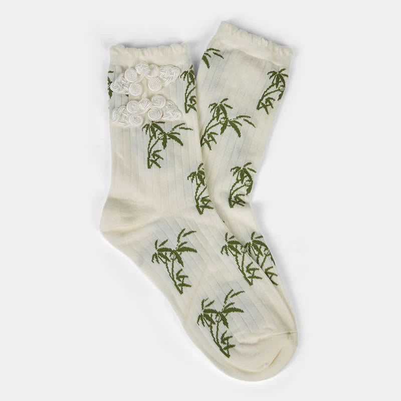 Buddha Stones Chinese Frog-Button Design Jacquard Bamboo Pattern Micro Crew Women's Socks