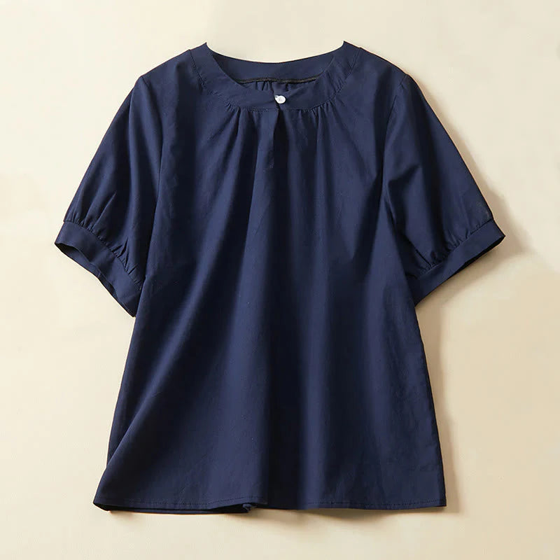 Buddha Stones Casual Plain Button Women's Short Sleeve Cotton Linen T-shirt