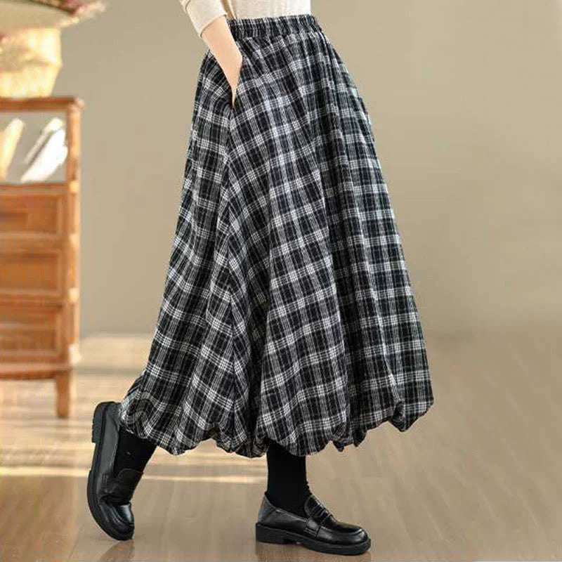 Buddha Stones Women's Plaid Pattern Cotton Skirt With Pockets