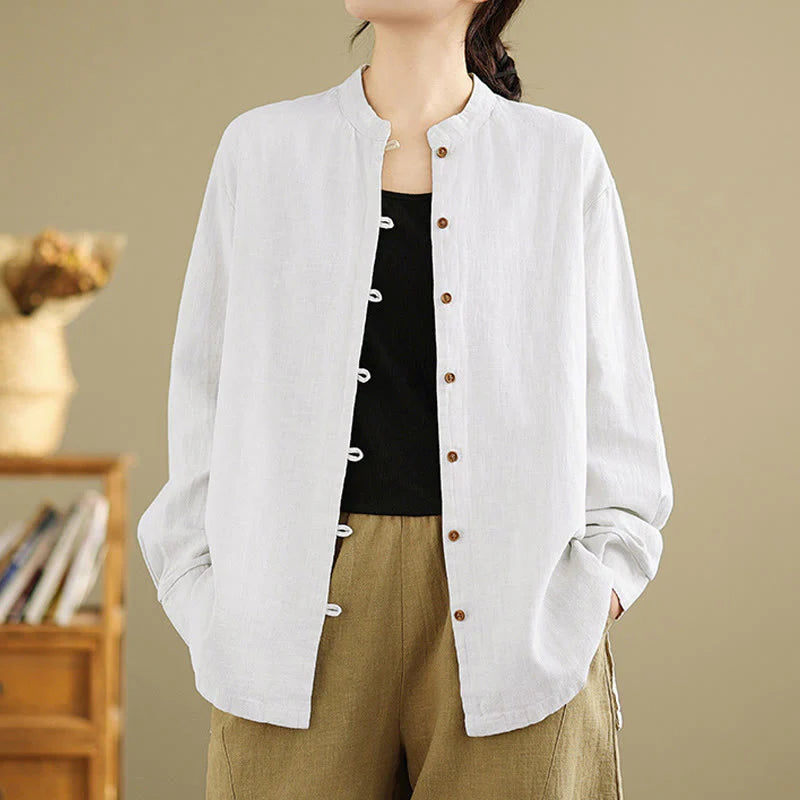 Buddha Stones Solid Color Front Buttons Design Long Sleeve Women's Cotton Linen Shirt
