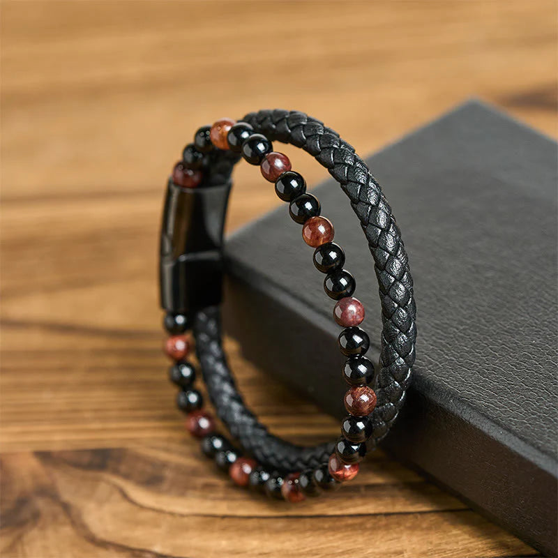 Buddha Stones Black Onyx Tiger Eye Titanium Steel Leather Protection Bracelet