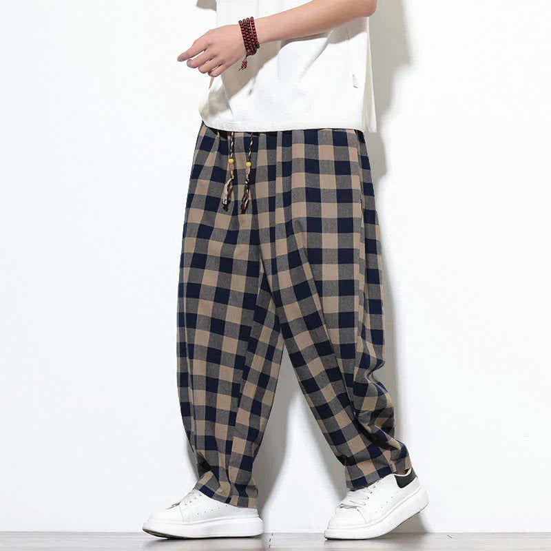 Buddha Stones Summer Plaid Pattern High Waist Drawstring Men's Harem Pants With Pockets