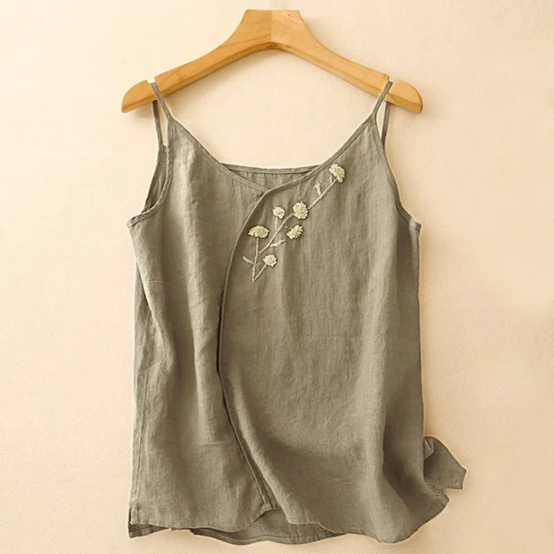 Buddha Stones Ethnic Embroidery Asymmetrical Design Women's Cotton Linen Sleeveless Vest