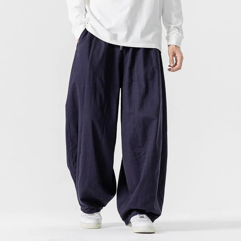 Buddha Stones Fall Solid Color Cotton Elastic Waist Men's Harem Pants With Pockets