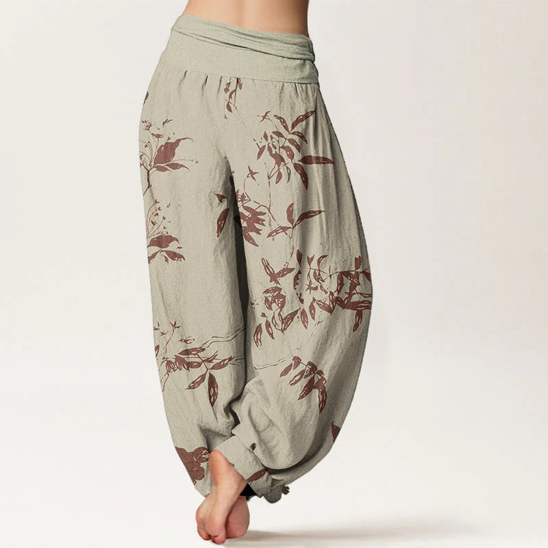 Buddha Stones Pure Cotton Branch Pattern Women's Elastic Waist Harem Pants