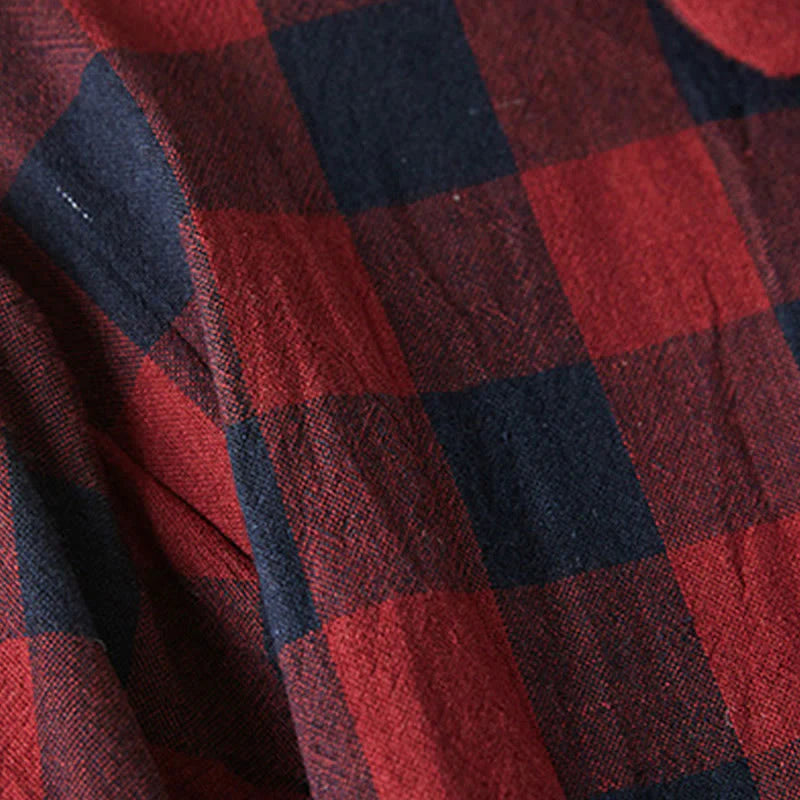 Buddha Stones Contrast Color Plaid Buttons Design Long Sleeve Midi Dress With Pockets