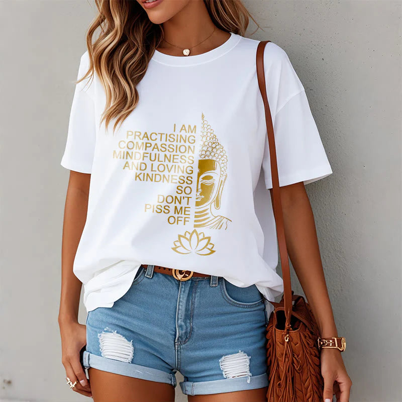 Buddha Stones Casual Golden Side Buddha Lotus Flower Pattern Cotton Tee T-Shirt