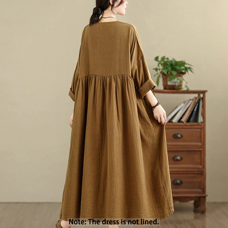 Buddha Stones Commute Pure Color Long Sleeve Cotton Linen Midi Dress With Pockets
