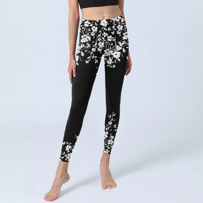 Buddha Stones Gorgeous Minimalist Style Flower Pattern Print Gym Leggings Women's Yoga Pants