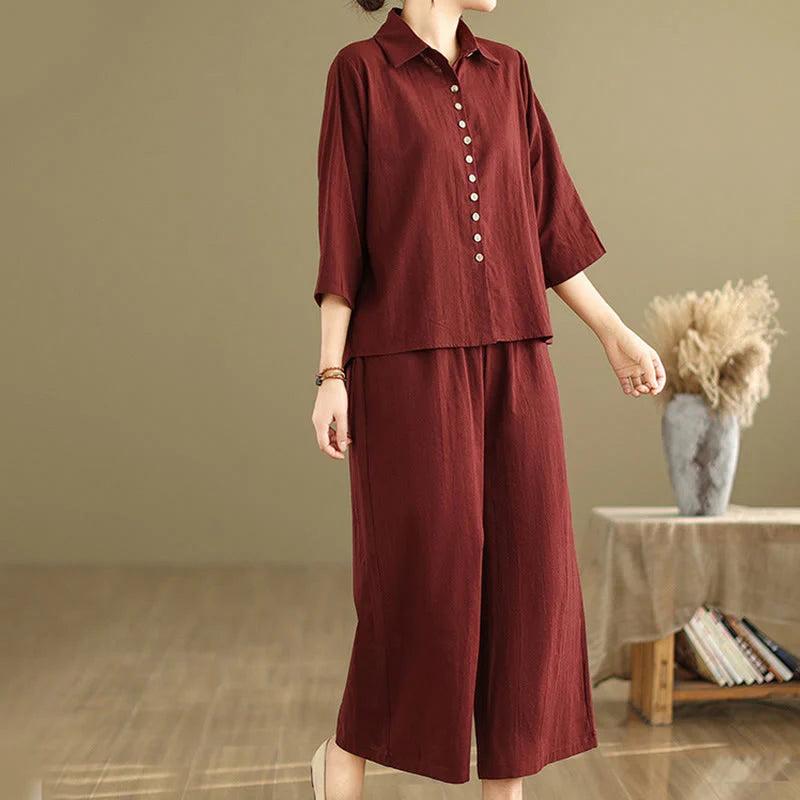 Buddha Stones 2pcs Casual Women's Stand Collar Shirt Loose Pants Meditation Clothing Set