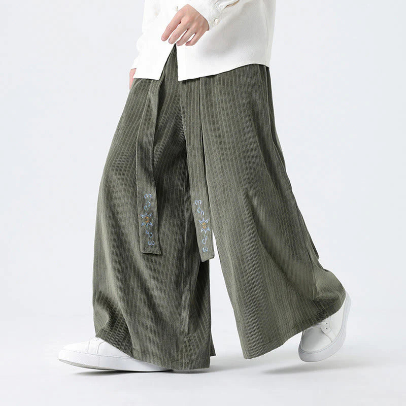 Buddha Stones Casual Embroidery Drawstring Design Men's Corduroy Wide Leg Pants With Pockets