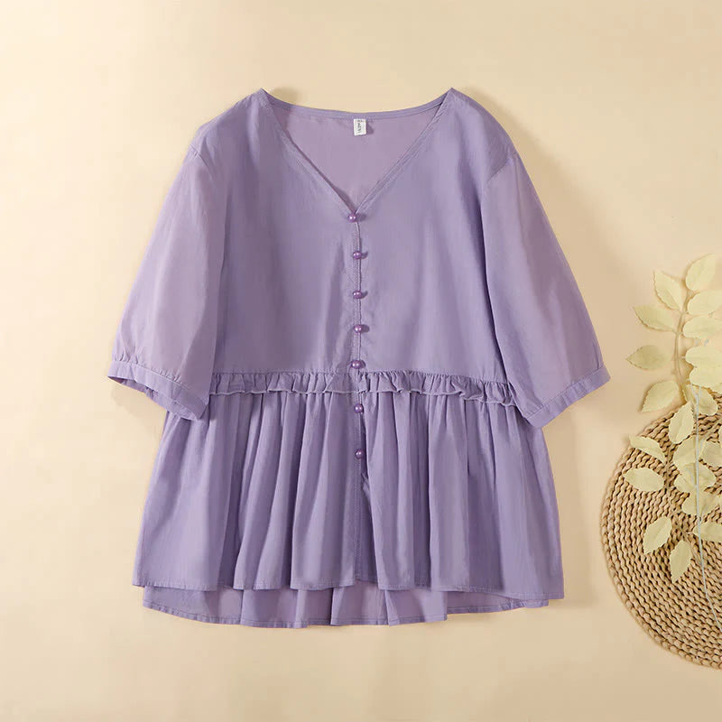 Buddha Stones Summer Solid Color V-Neck Decorative Buttons Design Women's Short Sleeve Shirt