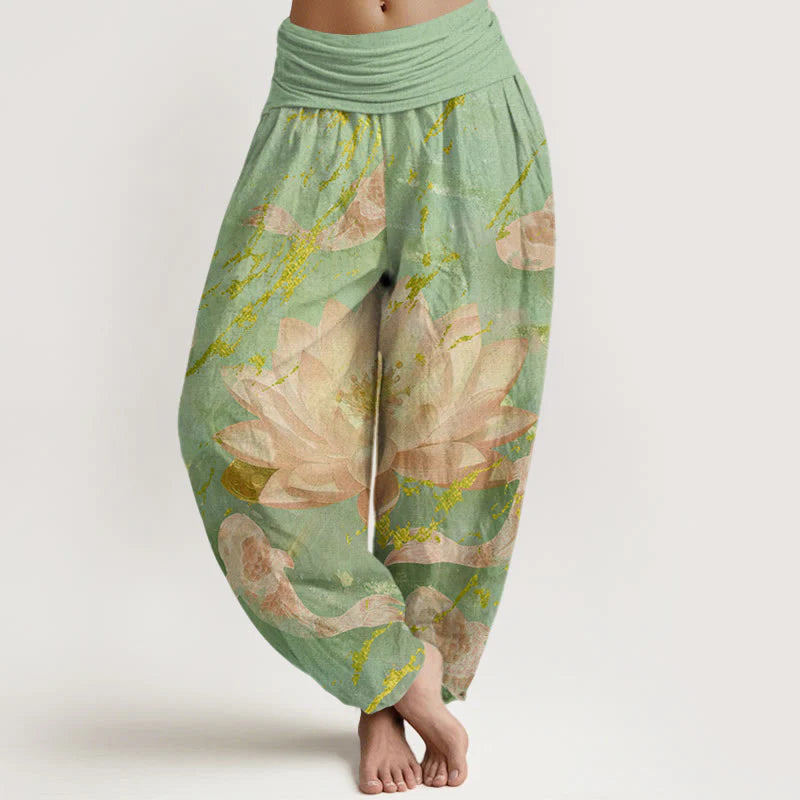Buddha Stones Cotton Casual Lotus Flower Koi Fish Pattern Women's Harem Pants