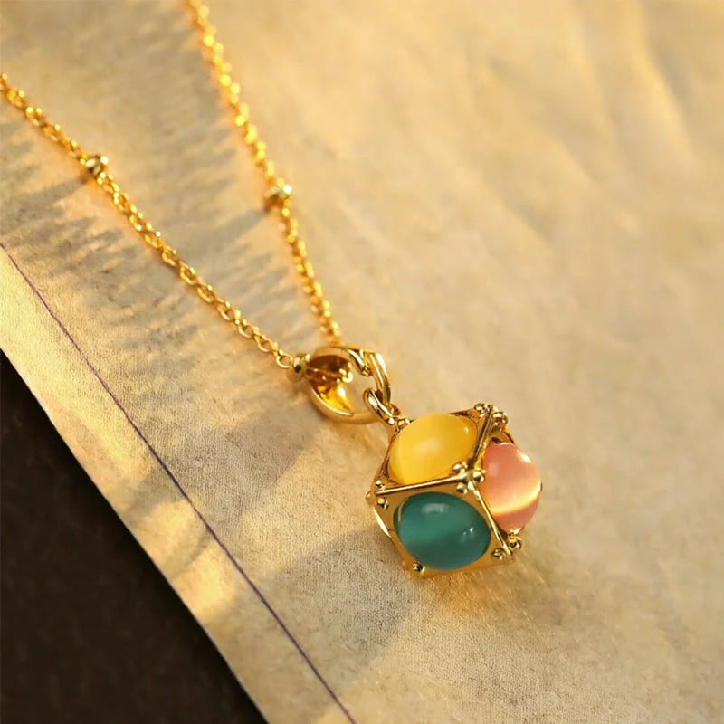 FREE Today: Support and Peace Multicolored Cat's Eye Inlaid Design Cube Necklace Pendant