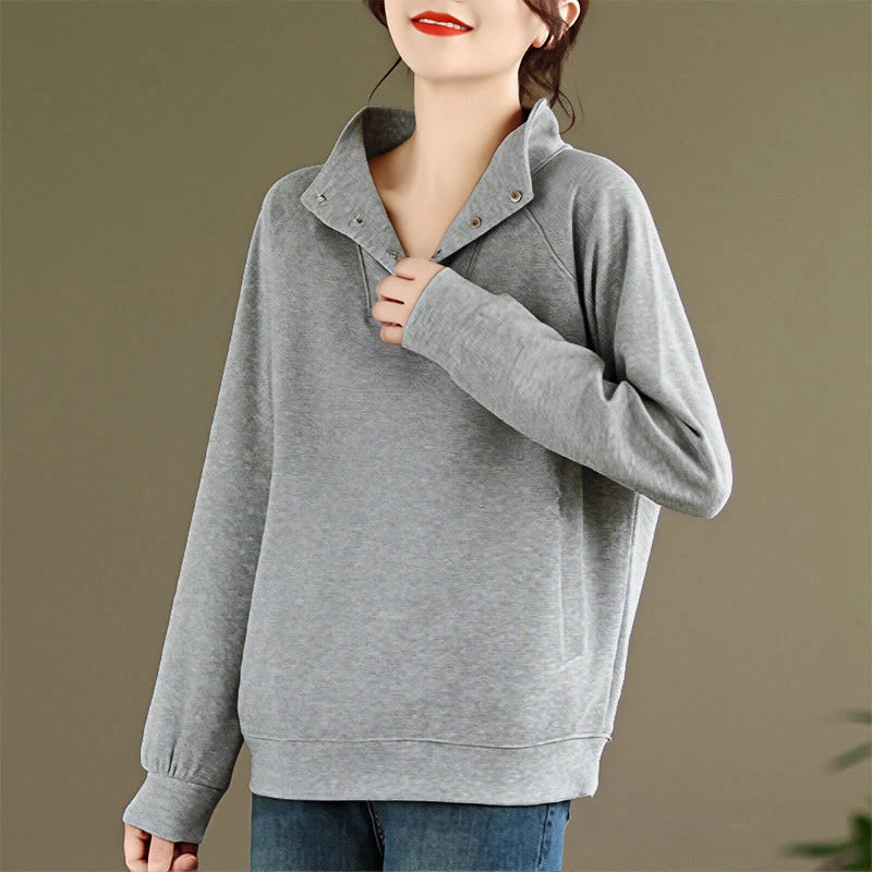 Buddha Stones Fall Solid Stand Collar Buttons Design Long Sleeve Women's Cotton Sweatshirt