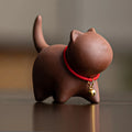 Buddha Stones Mini Lovely Red Rope Bell Cat Tea Pet Purple Clay Figurine Desk Decoration