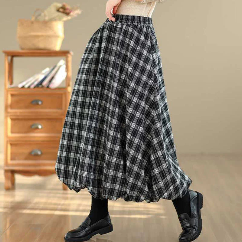 Buddha Stones Women's Plaid Pattern Cotton Skirt With Pockets