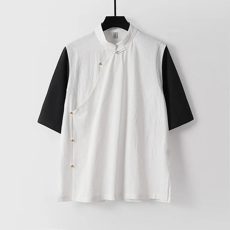 Buddha Stones Summer 2 In 1 Stripes Stand Collar Short Sleeve Frog-Button Men's Cotton Shirt