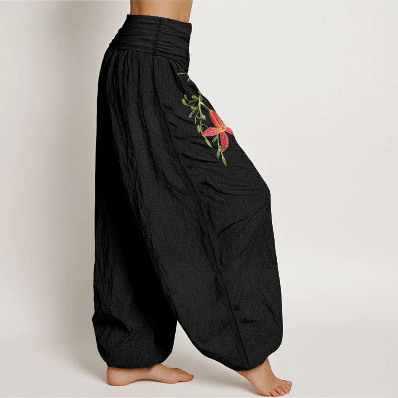 Buddha Stones Pure Cotton Brightly Colored Lilies Five-Petaled Flower Pattern Women's Elastic Waist Harem Pants